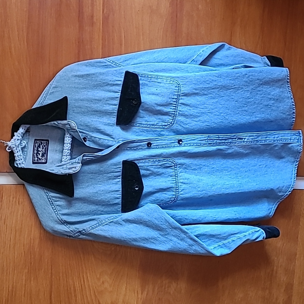 Women's denim lo g sleeve shirt with black velvet detailing button down